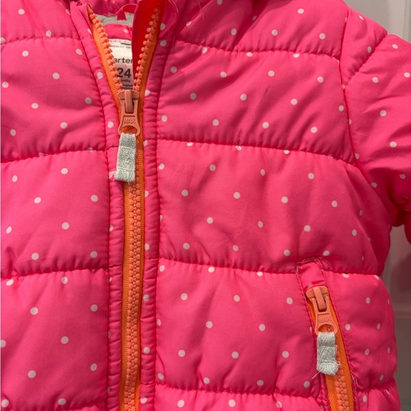 USED 24mo girls puffy snowsuit, Carter’s, pink/gray winter jacket & overalls - Picture 5 of 16